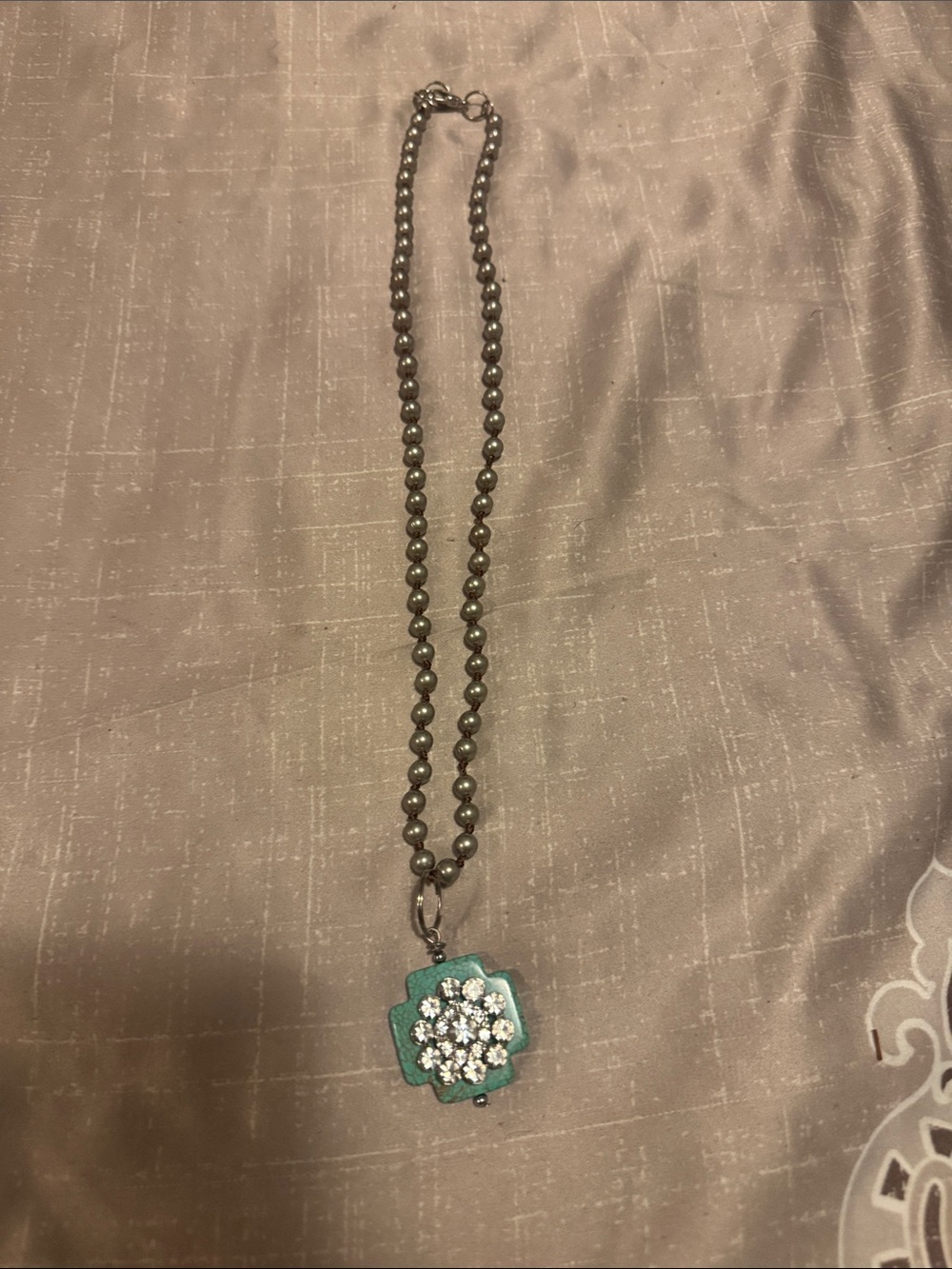 Green Floral Crystal Pendant Necklace on Beaded Chain